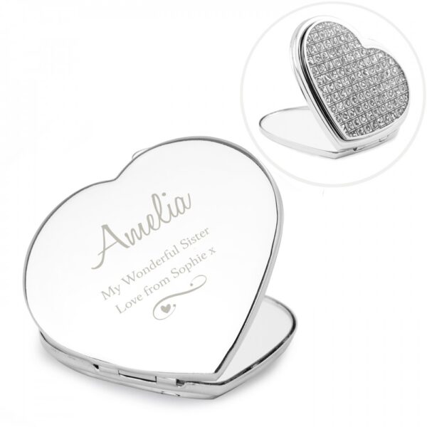 Personalised Swirls & Hearts Diamante Heart Compact Mirror - Image 2