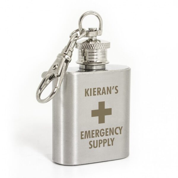 Personalised Emergency Supply 1oz Stainless Steel Hip Flask Keyring - Image 2