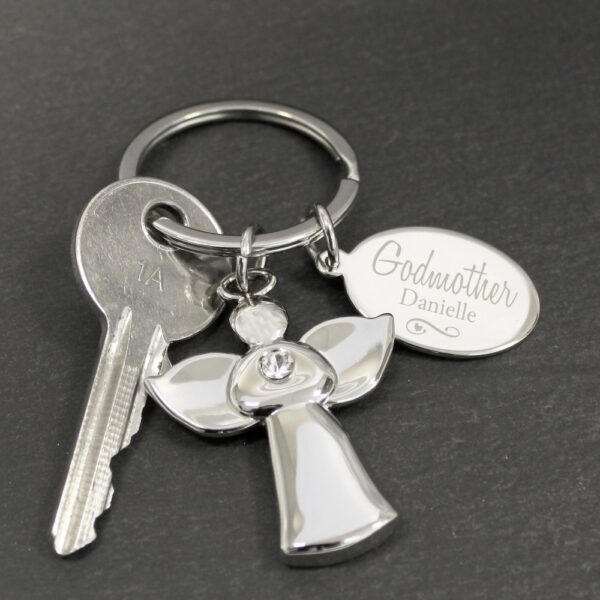 Personalised Silver Plated Swirls & Hearts Godmother Angel Keyring - Image 3