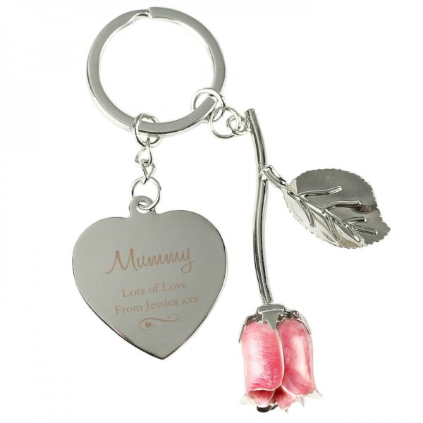 Personalised Silver Plated Swirls & Hearts Pink Rose Keyring - Image 2