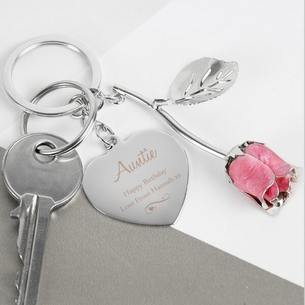 Personalised Silver Plated Swirls & Hearts Pink Rose Keyring - Image 4
