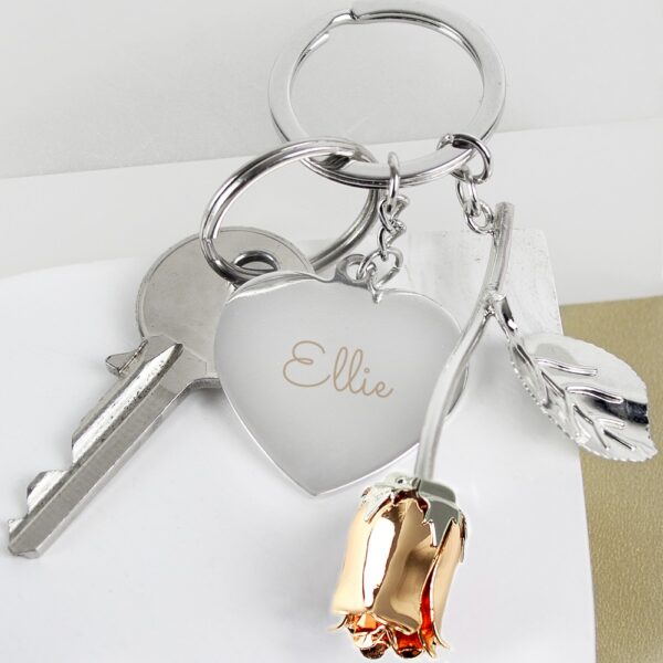 Personalised Silver Plated Name Rose Gold Rose Keyring - Image 4