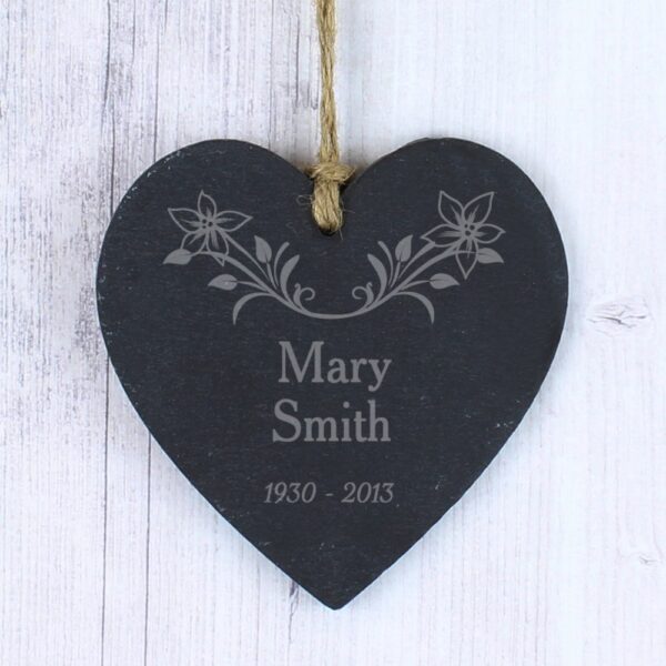 Personalised In Loving Memory Floral Slate Heart Decoration