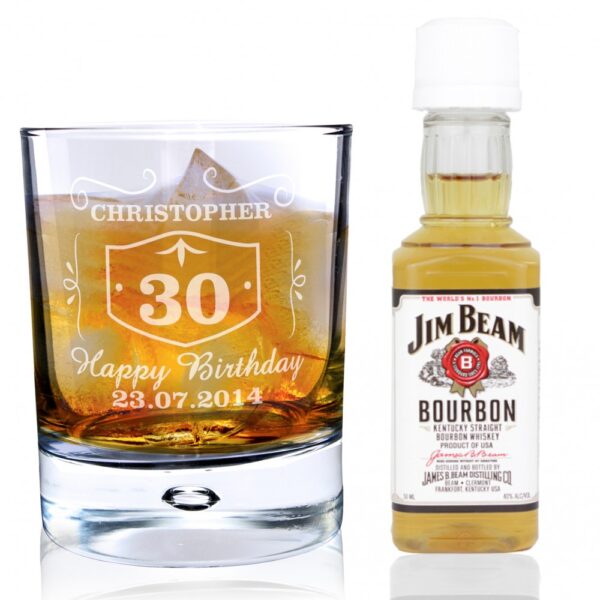 Personalised Whiskey Style Glass & Bourbon Whisky Miniature Set