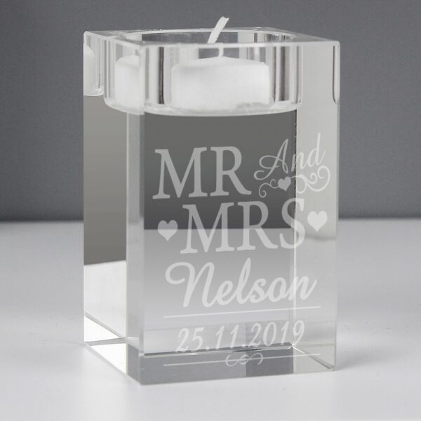 Personalised Mr & Mrs Glass Tea Light Candle Holder