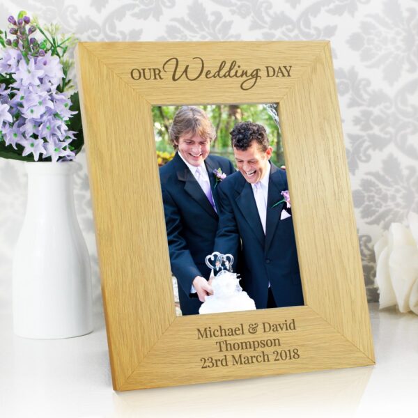 Personalised Our Wedding Day 6x4 Oak Finish Photo Frame - Image 3