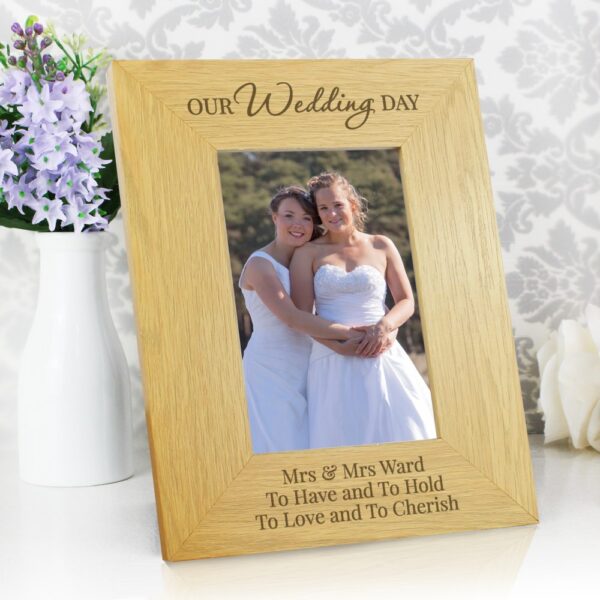 Personalised Our Wedding Day 6x4 Oak Finish Photo Frame - Image 4