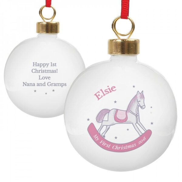 Personalised 1st Christmas Pink Rocking Horse Bauble - Image 2