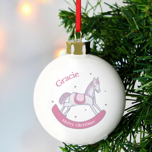 Personalised 1st Christmas Pink Rocking Horse Bauble - Image 3