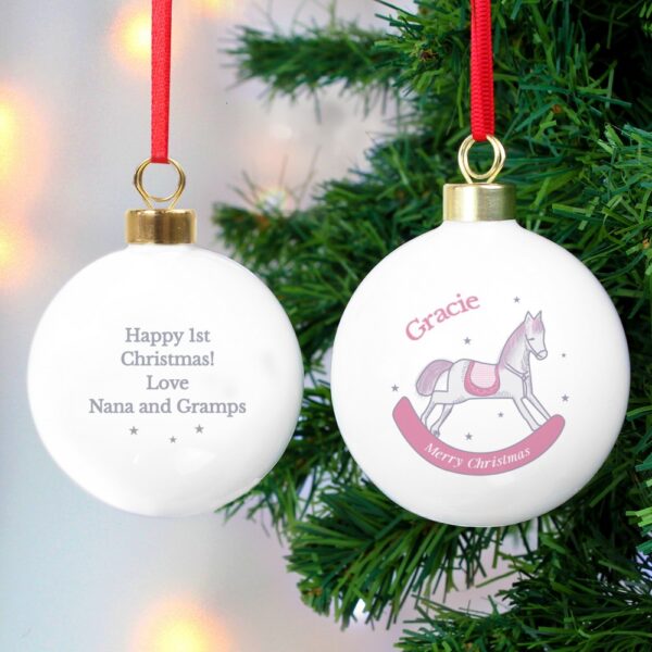 Personalised 1st Christmas Pink Rocking Horse Bauble - Image 4