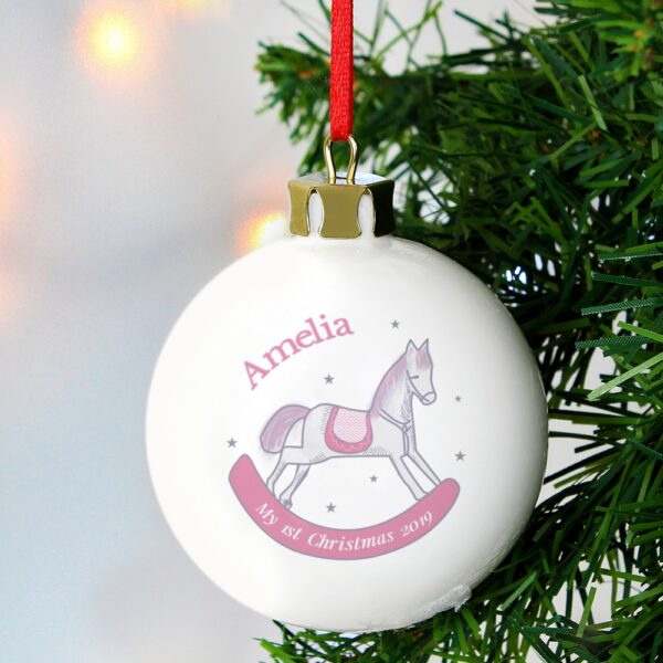 Personalised 1st Christmas Pink Rocking Horse Bauble - Image 5