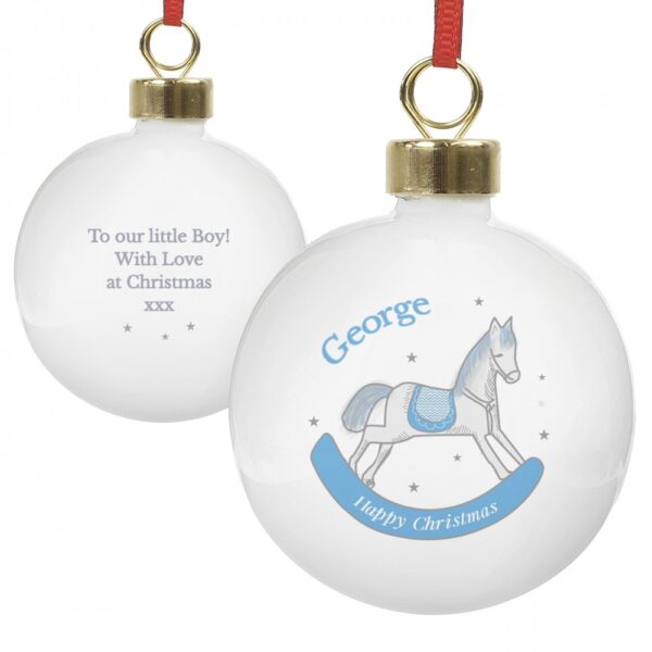 Personalised 1st Christmas Blue Rocking Horse Bauble - Image 2