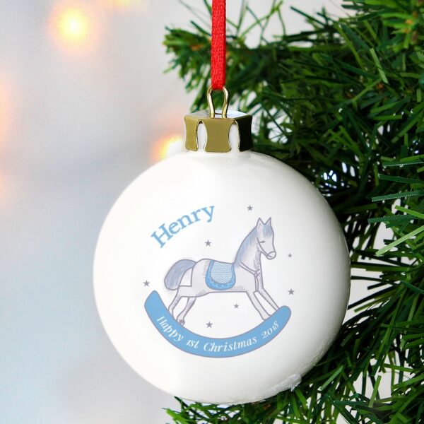 Personalised 1st Christmas Blue Rocking Horse Bauble - Image 4
