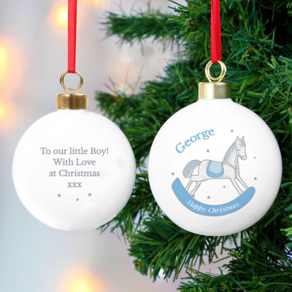 Personalised 1st Christmas Blue Rocking Horse Bauble - Image 5