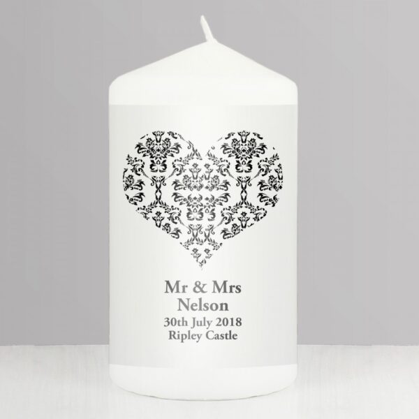 Personalised Black Damask Heart Candle
