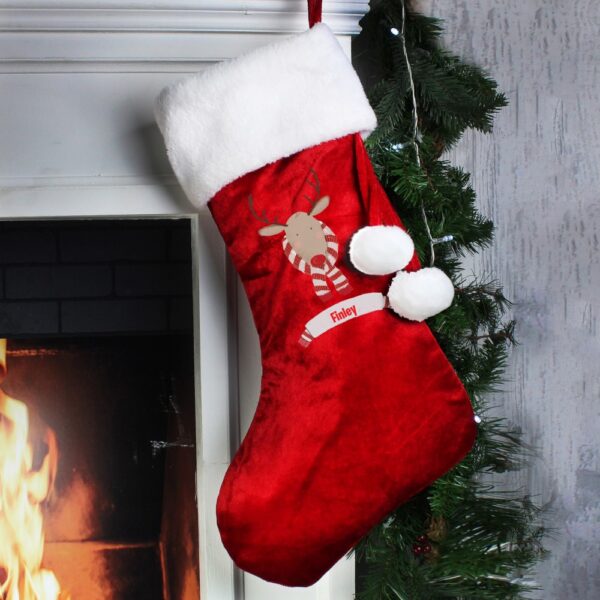 Personalised Retro Reindeer Luxury Red Stocking - Image 3