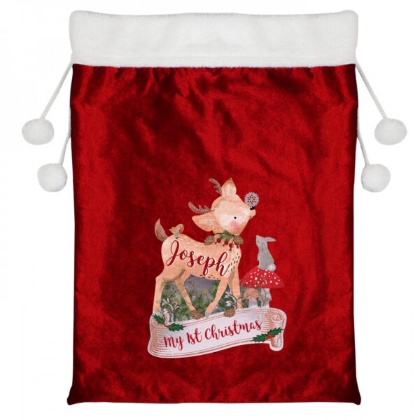 Personalised Festive Fawn Luxury Pom Pom Red Sack - Image 2
