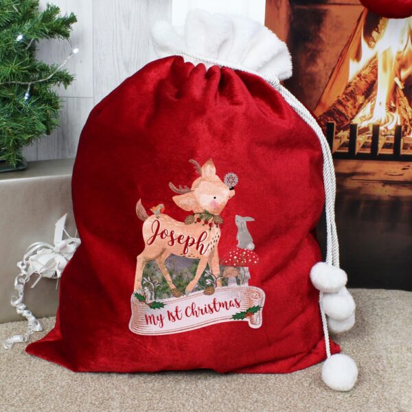 Personalised Festive Fawn Luxury Pom Pom Red Sack - Image 3