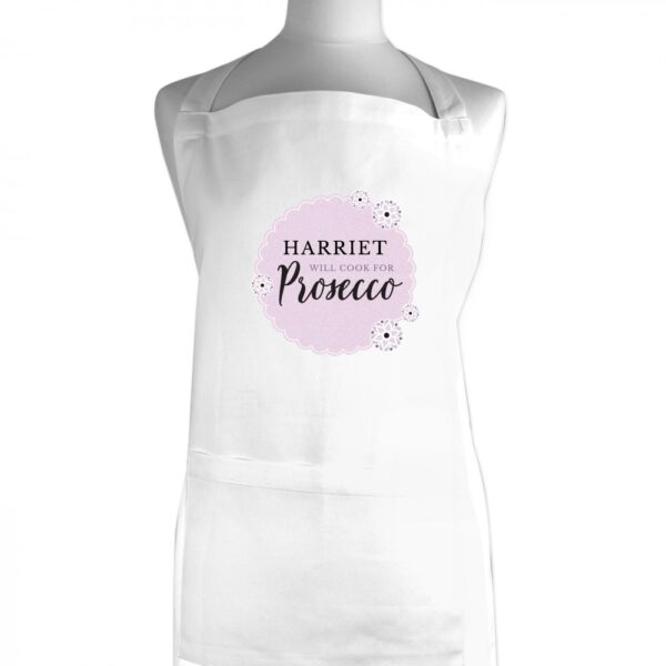 Personalised Lilac Lace 'Will Cook for Prosecco' White Apron - Image 2