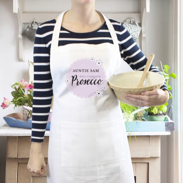 Personalised Lilac Lace 'Will Cook for Prosecco' White Apron - Image 3
