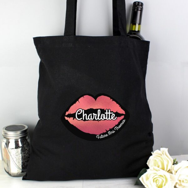 Personalised Rose Gold Lips Hen Party Black Cotton Bag - Image 3