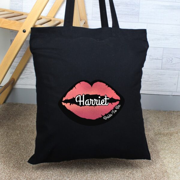 Personalised Rose Gold Lips Hen Party Black Cotton Bag - Image 4