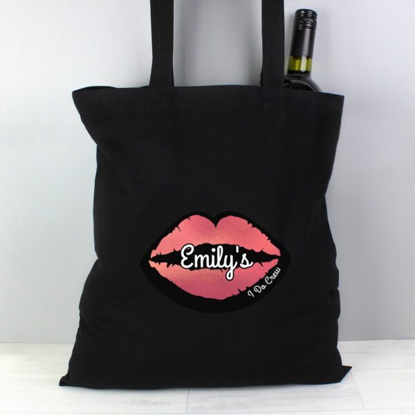 Personalised Rose Gold Lips Hen Party Black Cotton Bag - Image 5