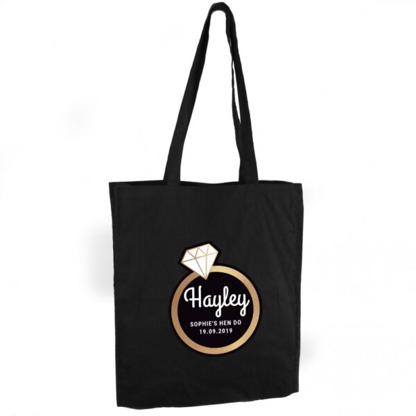 Personalised Gold Bling Ring Hen Party Black Cotton Bag - Image 2