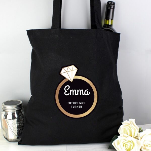 Personalised Gold Bling Ring Hen Party Black Cotton Bag - Image 3