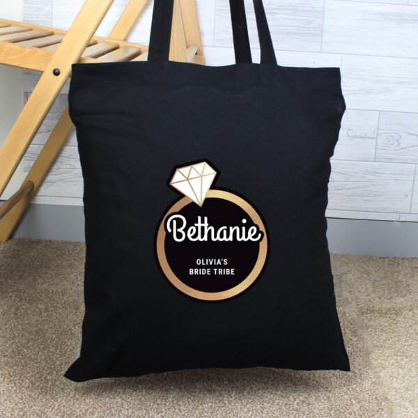 Personalised Gold Bling Ring Hen Party Black Cotton Bag - Image 4