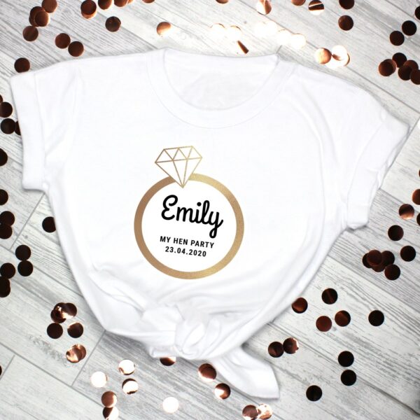 Personalised Gold Bling Ring Hen Party T-Shirt - White Medium - Image 4