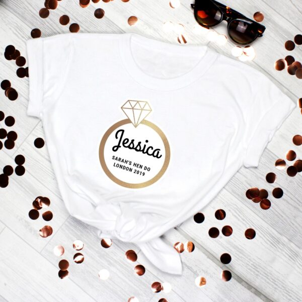Personalised Gold Bling Ring Hen Party T-Shirt - White Medium - Image 5