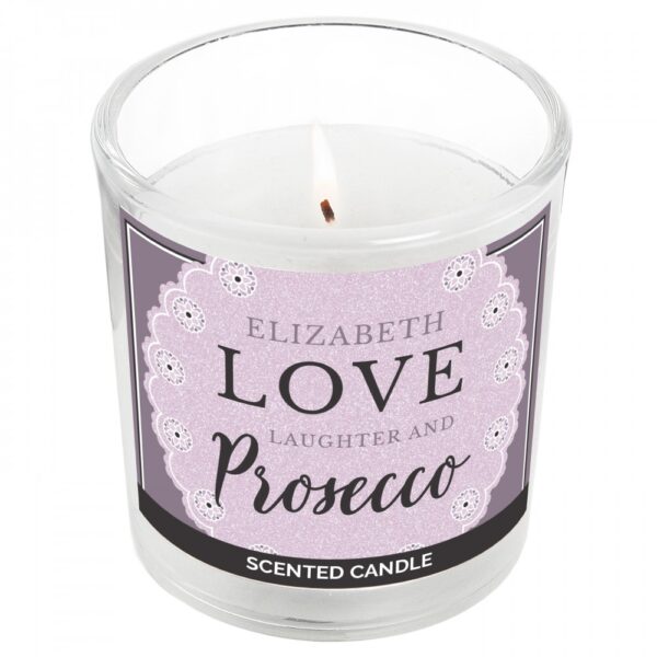 Personalised Lilac Lace 'Love Laughter & Prosecco' Scented Jar Candle - Image 2