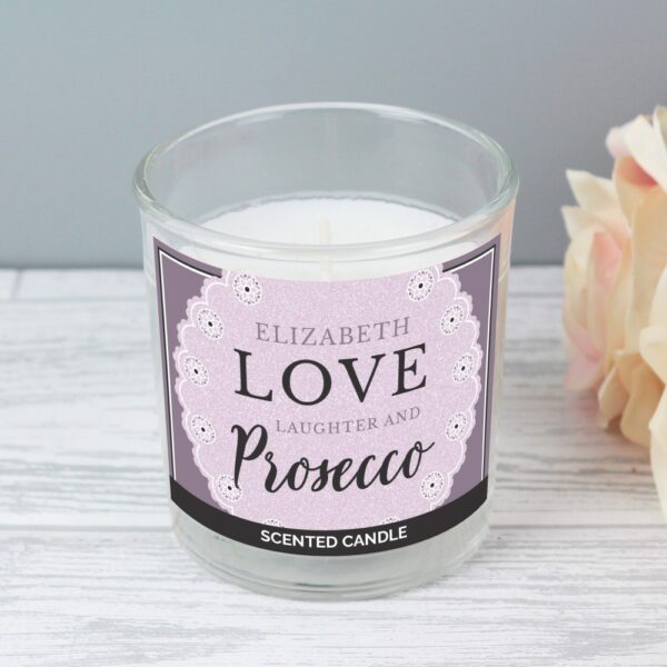 Personalised Lilac Lace 'Love Laughter & Prosecco' Scented Jar Candle - Image 3