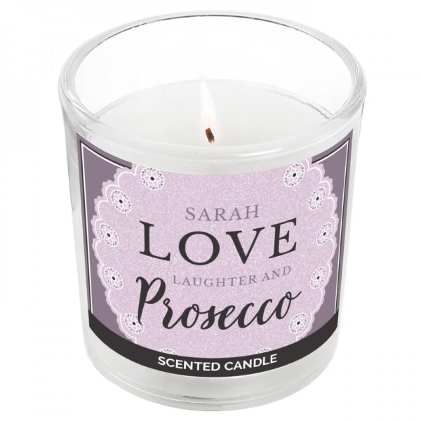 Personalised Lilac Lace 'Love Laughter & Prosecco' Scented Jar Candle - Image 4