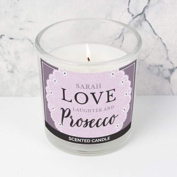 Personalised Lilac Lace 'Love Laughter & Prosecco' Scented Jar Candle - Image 5