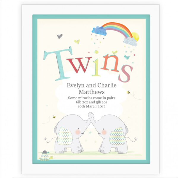 Personalised Hessian Elephant Twins White Framed Print - Image 2