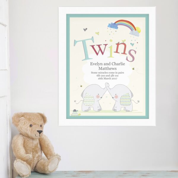 Personalised Hessian Elephant Twins White Framed Print - Image 3