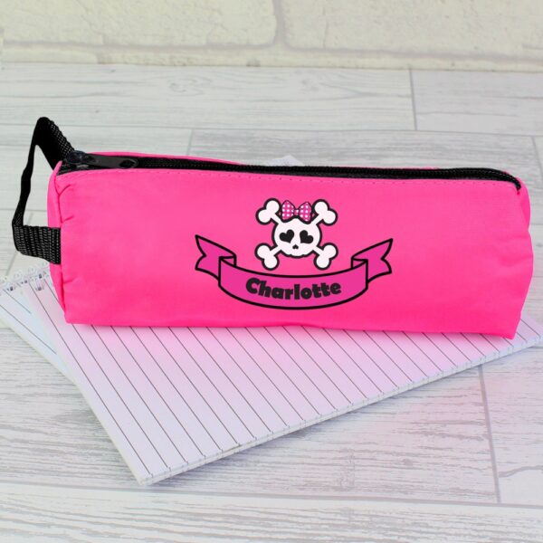 Personalised Pink Girls Skull & Cross Bone Pencil Case