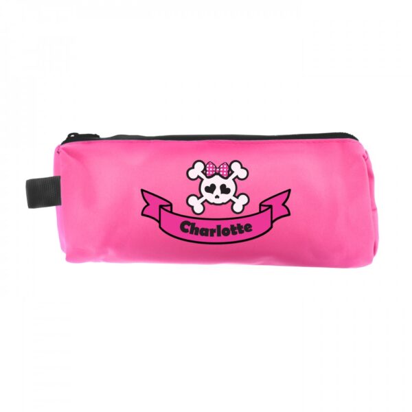 Personalised Pink Girls Skull & Cross Bone Pencil Case - Image 2