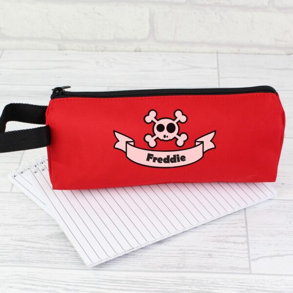 Personalised Red Boys Skull & Cross Bone Pencil Case