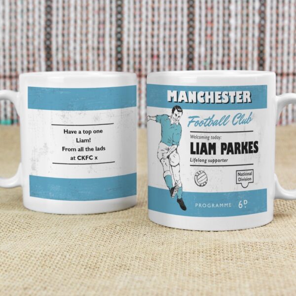 Personalised Vintage Football Sky Blue and White Supporters Mug - Image 4