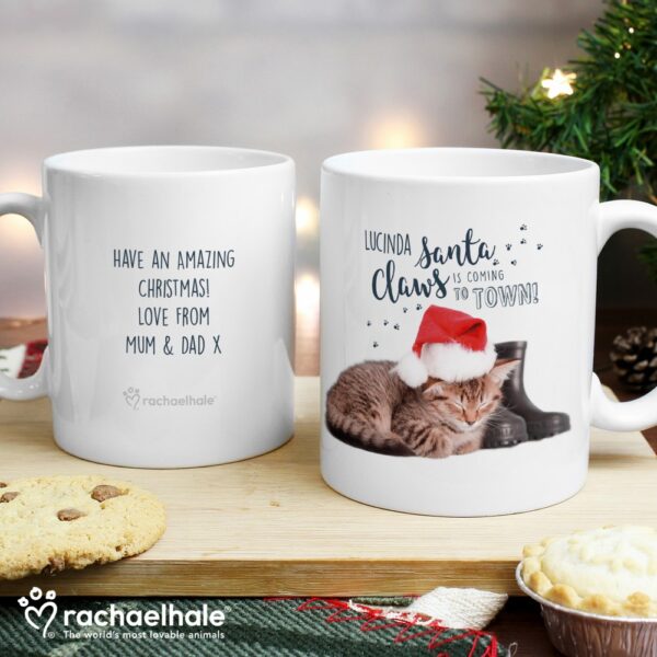 Personalised Rachael Hale Santa Claws Christmas Cat Mug