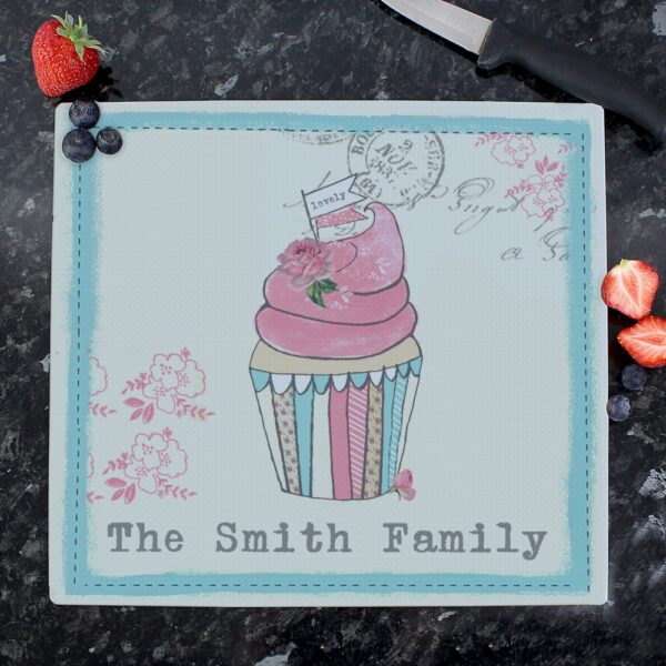 Personalised Vintage Pastel Cupcake Glass Chopping Board/Worktop Saver - Image 3