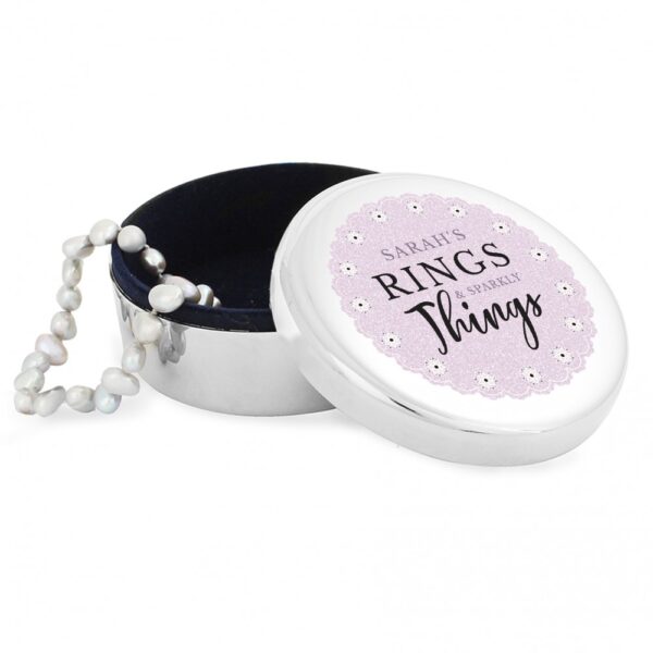 Personalised Lilac Lace 'Rings & Sparkly Things' Round Trinket Box - Image 2