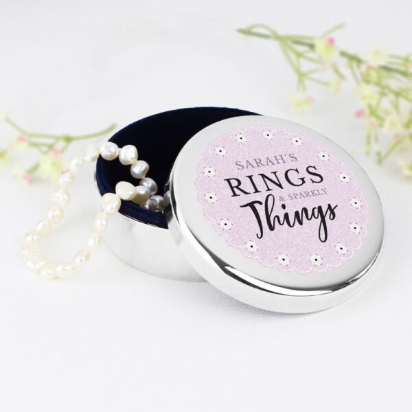 Personalised Lilac Lace 'Rings & Sparkly Things' Round Trinket Box - Image 3