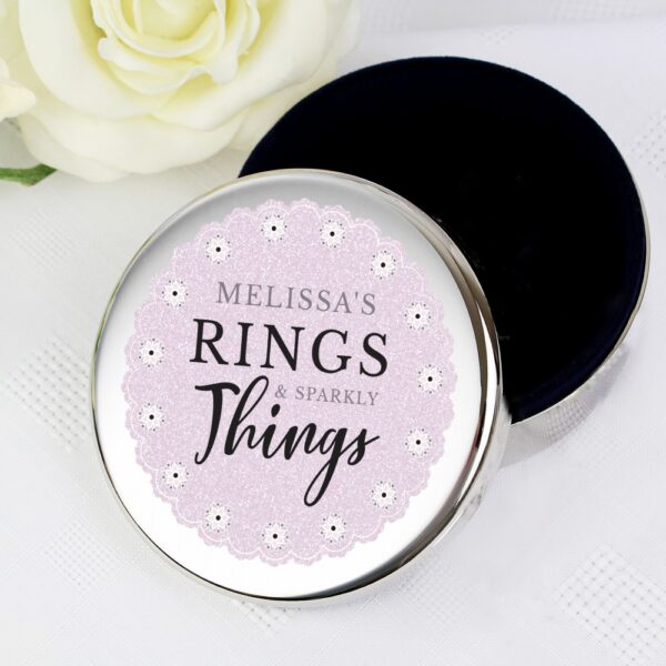 Personalised Lilac Lace 'Rings & Sparkly Things' Round Trinket Box - Image 4