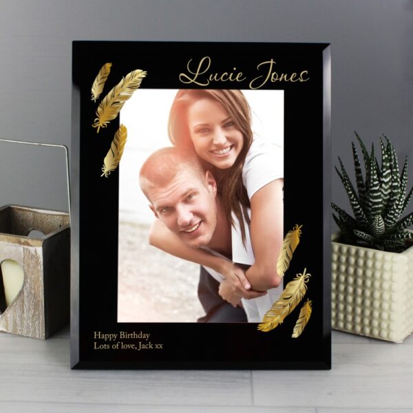 Personalised Golden Feather 7x5 Black Glass Photo Frame - Image 4