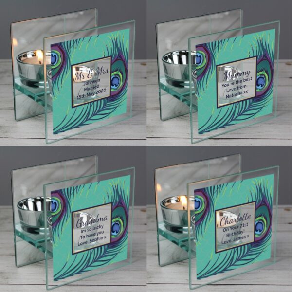 Personalised Peacock Mirrored Glass Tea Light Candle Holder - Image 3