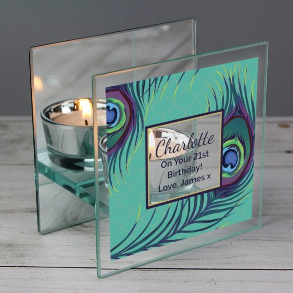 Personalised Peacock Mirrored Glass Tea Light Candle Holder - Image 4
